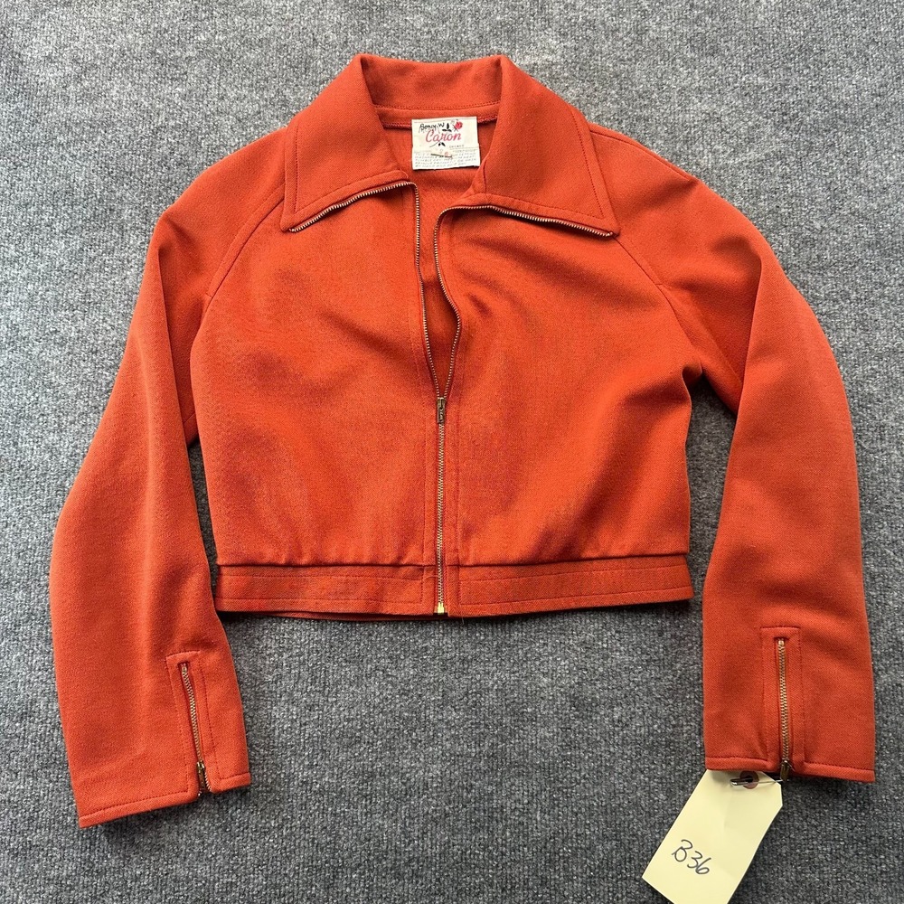 Vintage 70s Caron Chicago Crop Knit Jacket Womens 12 Orange Long Sleeve Full Zip